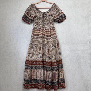 Sundance Dress Womens Small Boho Floral Maxi Puff Sleeve Ruched Lace Up Tiered